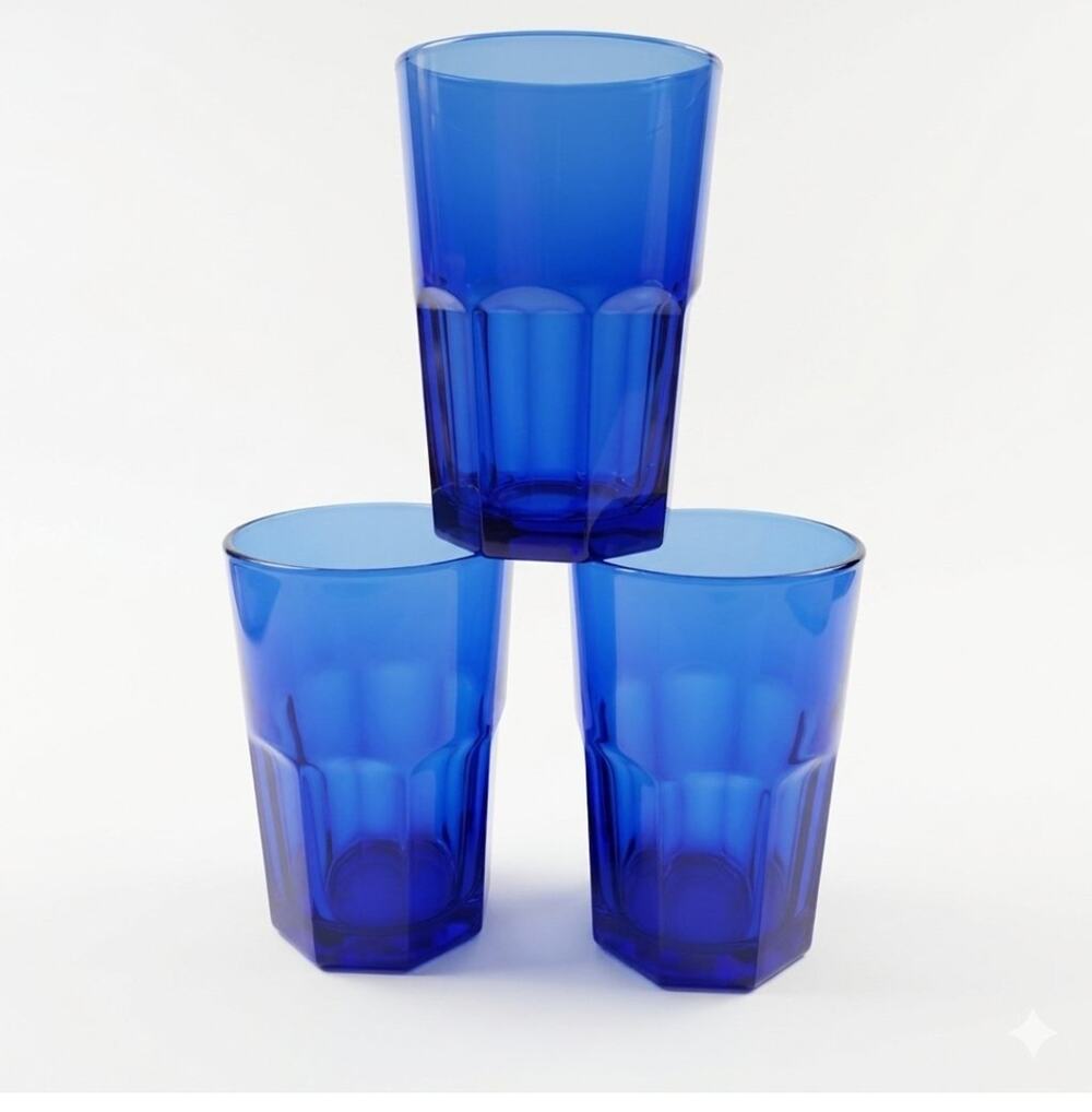 VTG Libbey Crisa Cobalt Blue 8-panel 14 Oz 4.75 Inch Glass Tumblers Set of 3